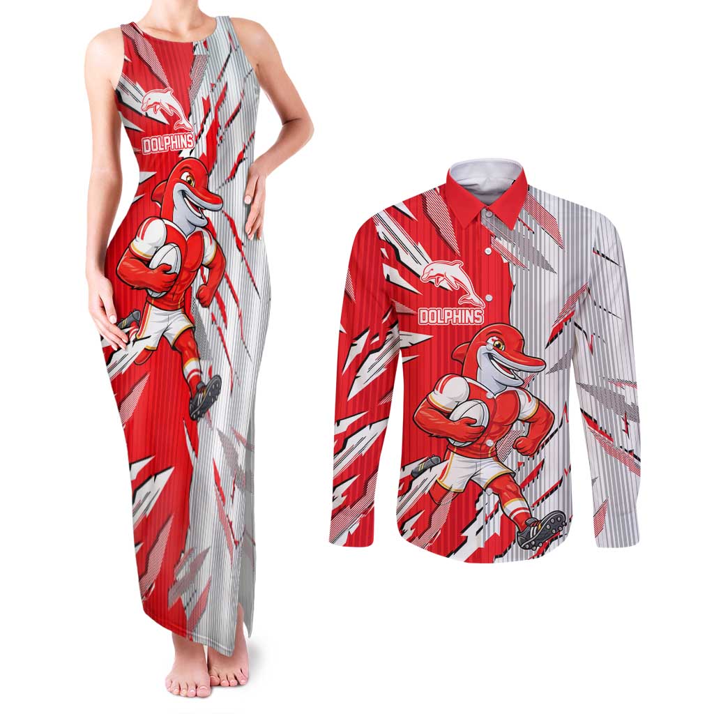 Personalized Dolphins Couples Matching Tank Maxi Dress and Long Sleeve Button Shirt Dynamic Lightning Mascot Rugby Australia