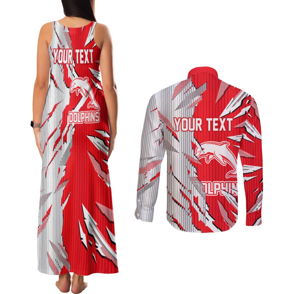 Personalized Dolphins Couples Matching Tank Maxi Dress and Long Sleeve Button Shirt Dynamic Lightning Mascot Rugby Australia
