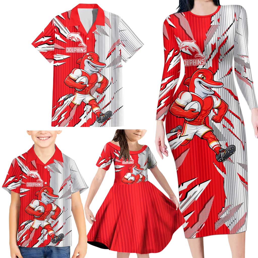 Personalized Dolphins Family Matching Long Sleeve Bodycon Dress and Hawaiian Shirt Dynamic Lightning Mascot Rugby Australia