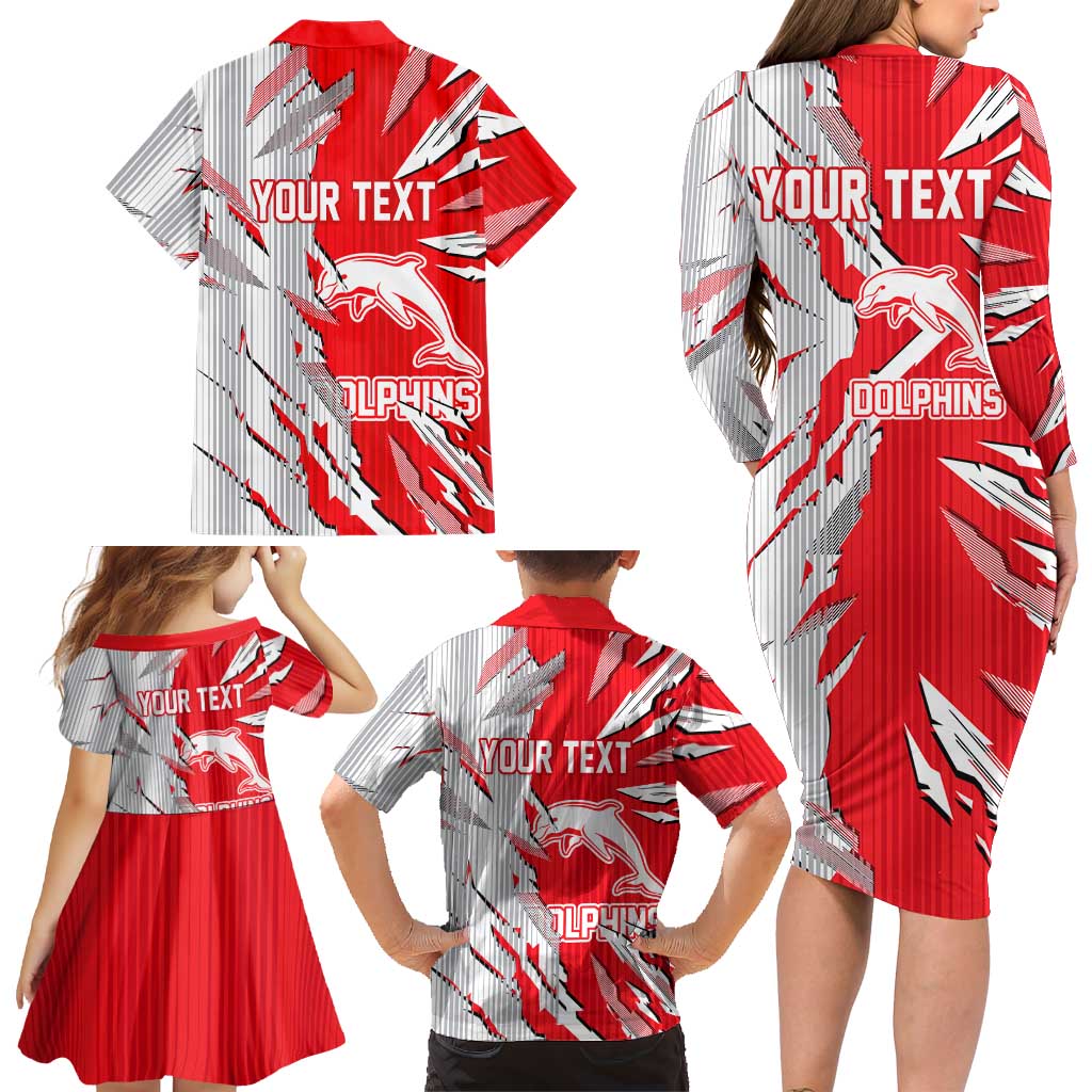 Personalized Dolphins Family Matching Long Sleeve Bodycon Dress and Hawaiian Shirt Dynamic Lightning Mascot Rugby Australia