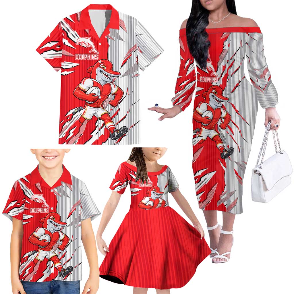 Personalized Dolphins Family Matching Off The Shoulder Long Sleeve Dress and Hawaiian Shirt Dynamic Lightning Mascot Rugby Australia