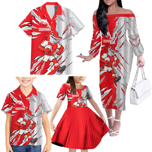 Personalized Dolphins Family Matching Off The Shoulder Long Sleeve Dress and Hawaiian Shirt Dynamic Lightning Mascot Rugby Australia