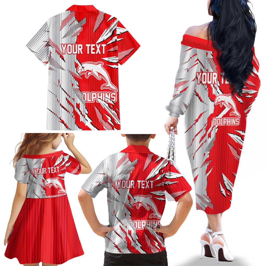 Personalized Dolphins Family Matching Off The Shoulder Long Sleeve Dress and Hawaiian Shirt Dynamic Lightning Mascot Rugby Australia