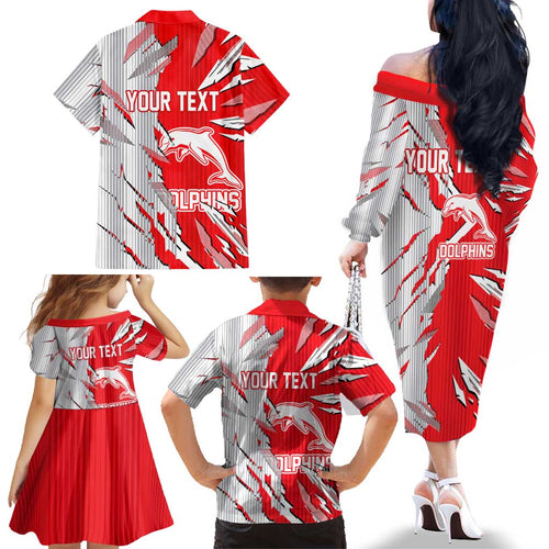 Personalized Dolphins Family Matching Off The Shoulder Long Sleeve Dress and Hawaiian Shirt Dynamic Lightning Mascot Rugby Australia