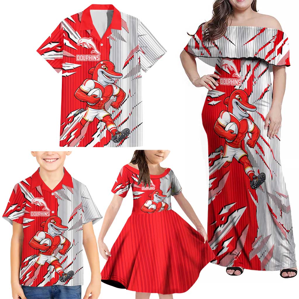 Personalized Dolphins Family Matching Off Shoulder Maxi Dress and Hawaiian Shirt Dynamic Lightning Mascot Rugby Australia