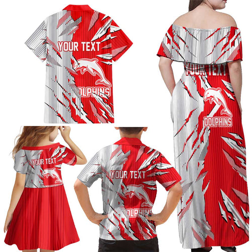 Personalized Dolphins Family Matching Off Shoulder Maxi Dress and Hawaiian Shirt Dynamic Lightning Mascot Rugby Australia