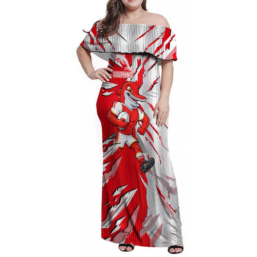 Personalized Dolphins Family Matching Off Shoulder Maxi Dress and Hawaiian Shirt Dynamic Lightning Mascot Rugby Australia