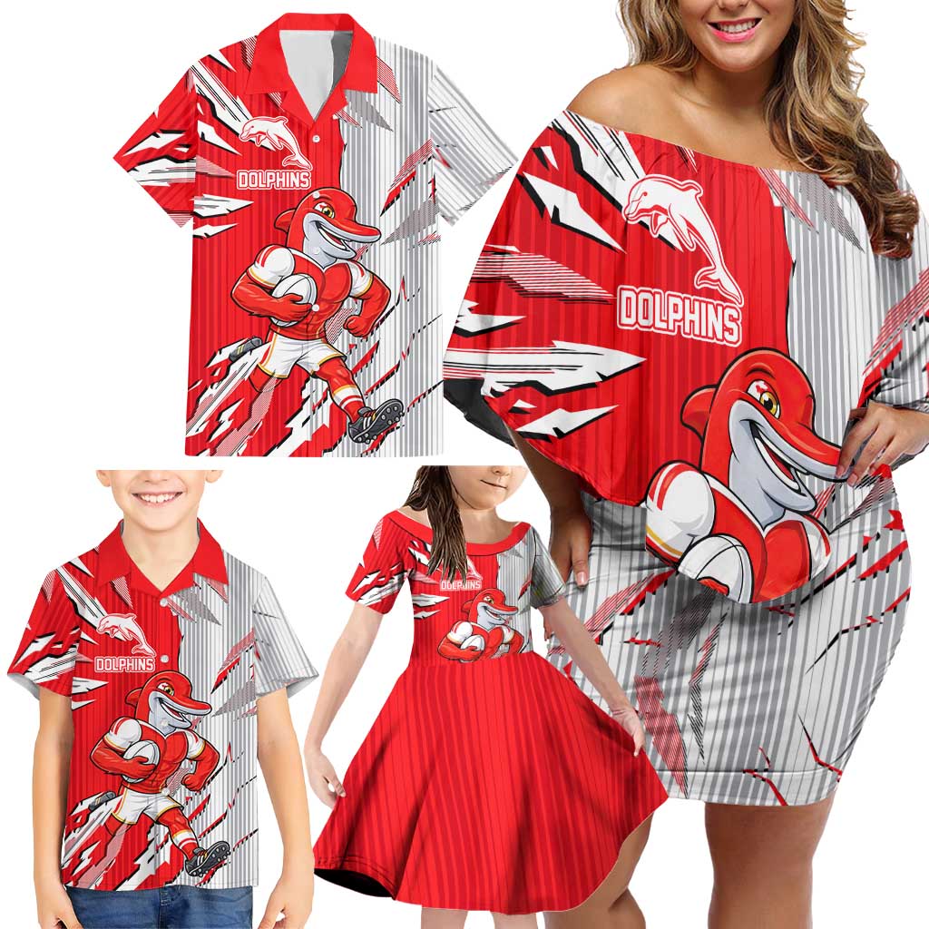 Personalized Dolphins Family Matching Off Shoulder Short Dress and Hawaiian Shirt Dynamic Lightning Mascot Rugby Australia