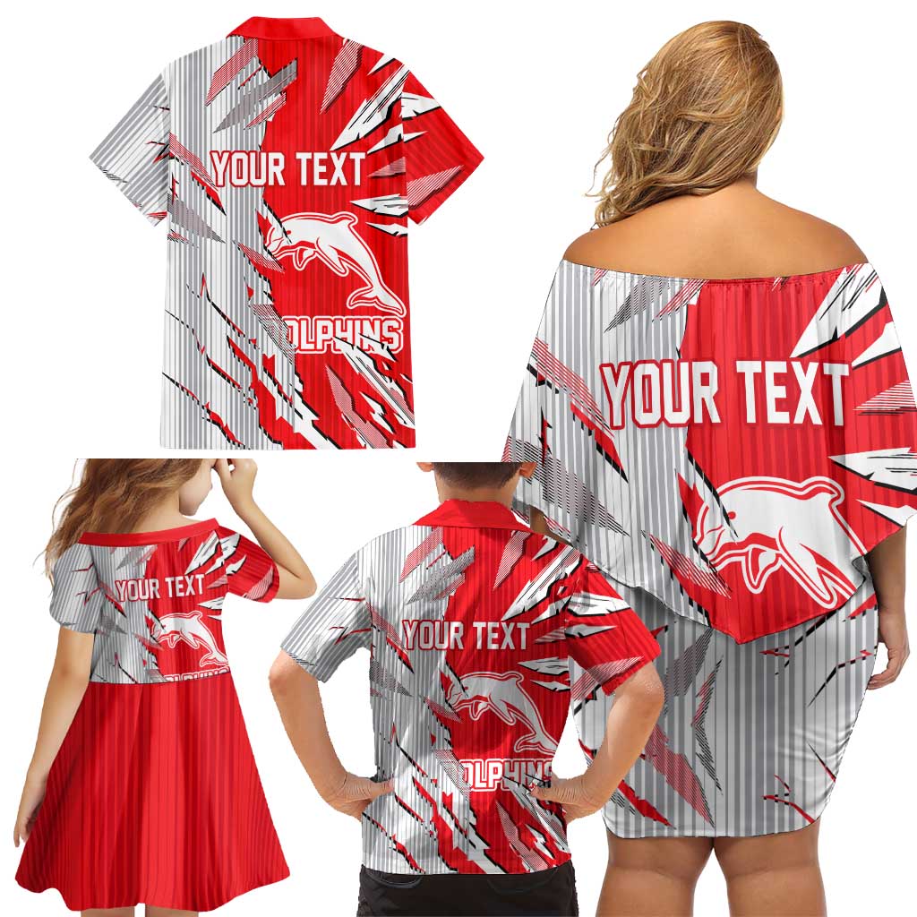 Personalized Dolphins Family Matching Off Shoulder Short Dress and Hawaiian Shirt Dynamic Lightning Mascot Rugby Australia