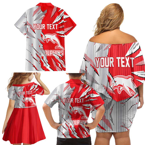 Personalized Dolphins Family Matching Off Shoulder Short Dress and Hawaiian Shirt Dynamic Lightning Mascot Rugby Australia