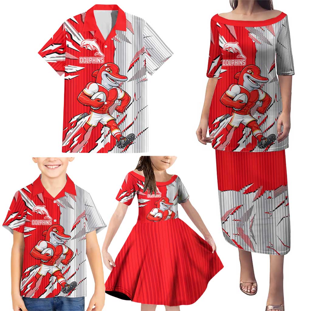 Personalized Dolphins Family Matching Puletasi and Hawaiian Shirt Dynamic Lightning Mascot Rugby Australia