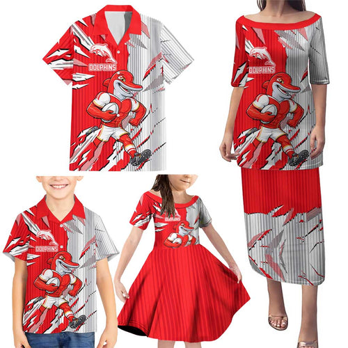 Personalized Dolphins Family Matching Puletasi and Hawaiian Shirt Dynamic Lightning Mascot Rugby Australia