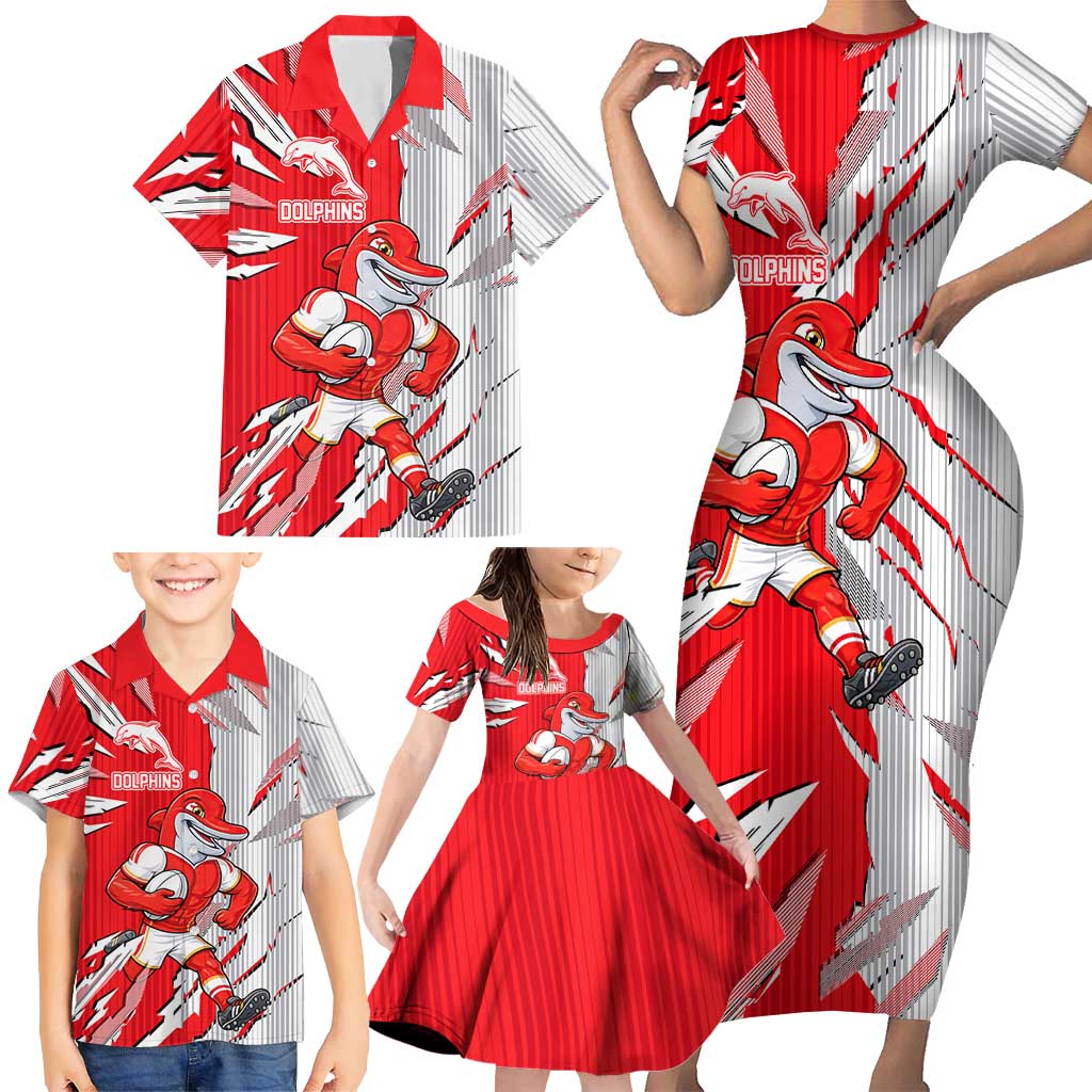 Personalized Dolphins Family Matching Short Sleeve Bodycon Dress and Hawaiian Shirt Dynamic Lightning Mascot Rugby Australia