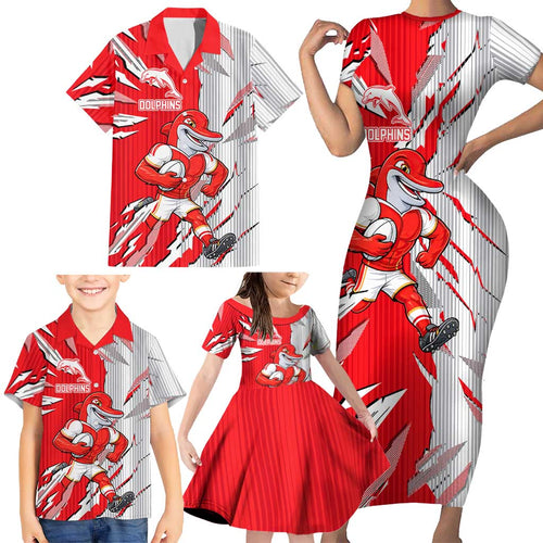 Personalized Dolphins Family Matching Short Sleeve Bodycon Dress and Hawaiian Shirt Dynamic Lightning Mascot Rugby Australia