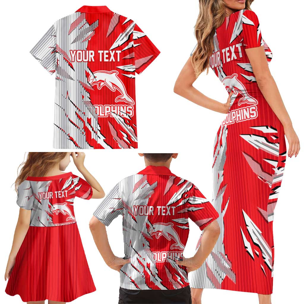 Personalized Dolphins Family Matching Short Sleeve Bodycon Dress and Hawaiian Shirt Dynamic Lightning Mascot Rugby Australia