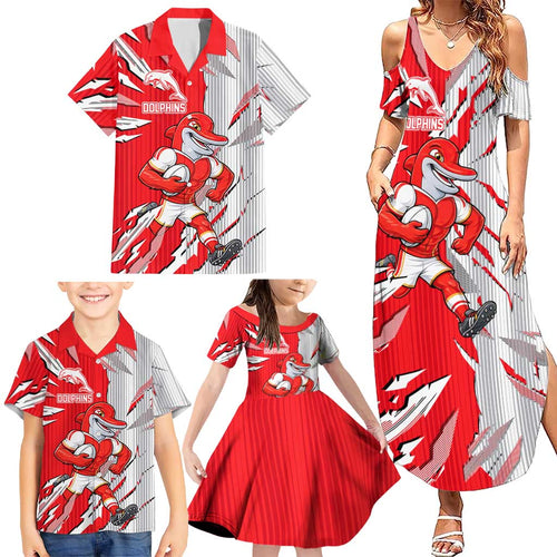Personalized Dolphins Family Matching Summer Maxi Dress and Hawaiian Shirt Dynamic Lightning Mascot Rugby Australia