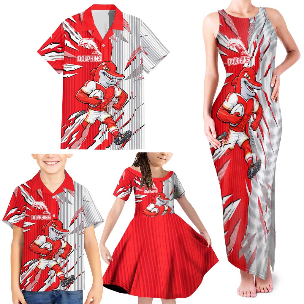 Personalized Dolphins Family Matching Tank Maxi Dress and Hawaiian Shirt Dynamic Lightning Mascot Rugby Australia