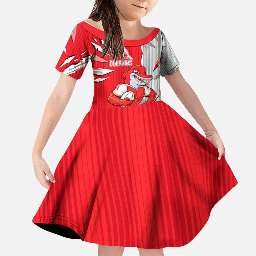 Personalized Dolphins Kid Short Sleeve Dress Dynamic Lightning Mascot Rugby Australia