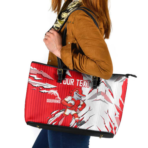 Personalized Dolphins Leather Tote Bag Dynamic Lightning Mascot Rugby Australia