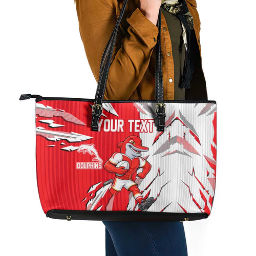 Personalized Dolphins Leather Tote Bag Dynamic Lightning Mascot Rugby Australia