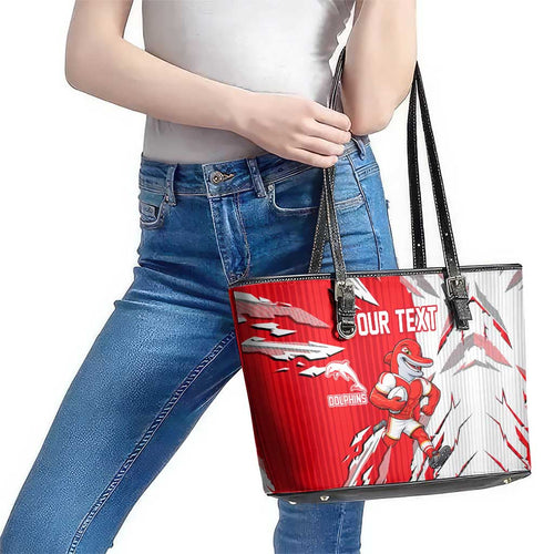 Personalized Dolphins Leather Tote Bag Dynamic Lightning Mascot Rugby Australia