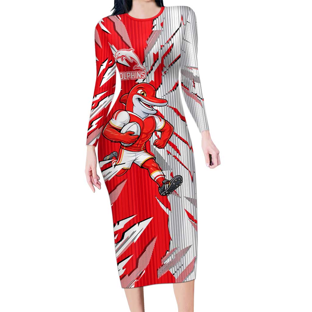 Personalized Dolphins Long Sleeve Bodycon Dress Dynamic Lightning Mascot Rugby Australia