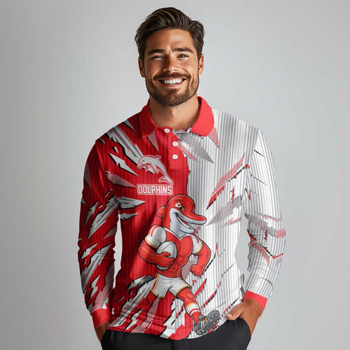 Personalized Dolphins Long Sleeve Polo Shirt Dynamic Lightning Mascot Rugby Australia