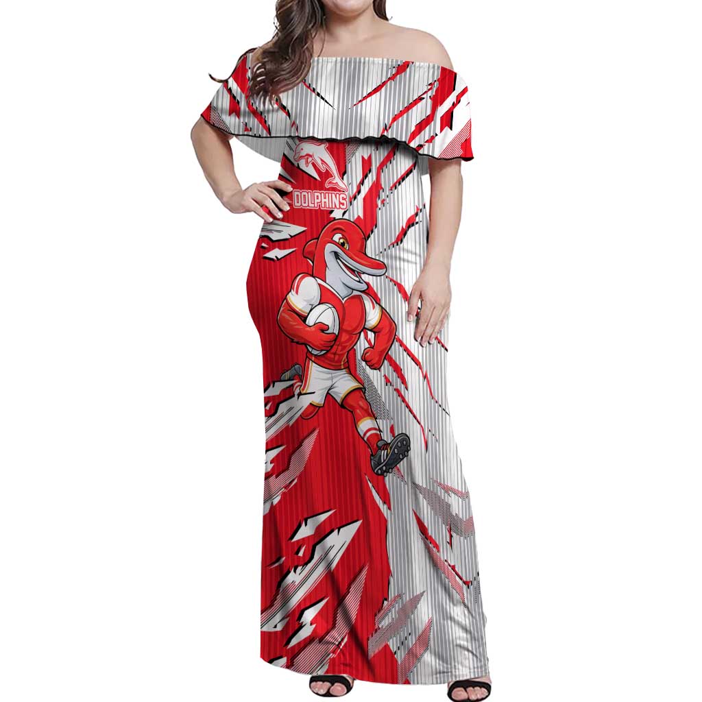 Personalized Dolphins Off Shoulder Maxi Dress Dynamic Lightning Mascot Rugby Australia