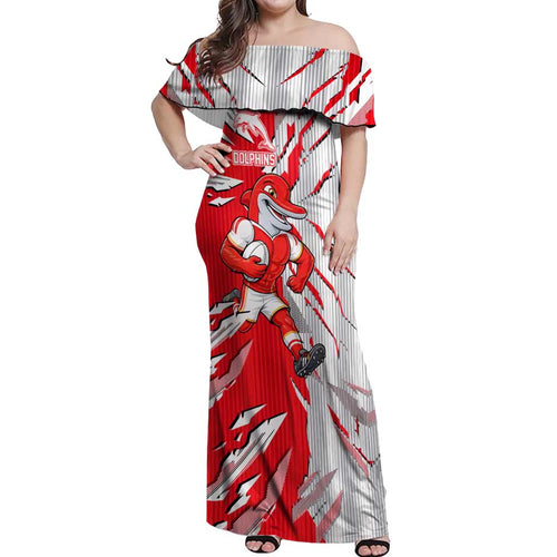 Personalized Dolphins Off Shoulder Maxi Dress Dynamic Lightning Mascot Rugby Australia