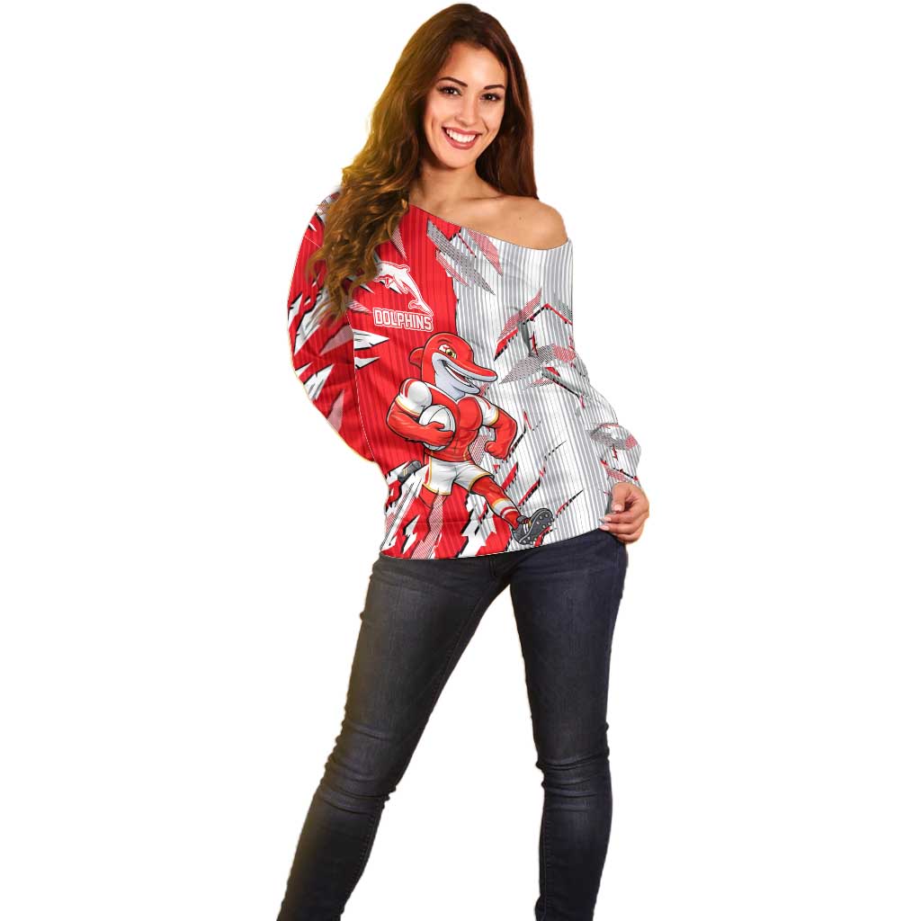 Personalized Dolphins Off Shoulder Sweater Dynamic Lightning Mascot Rugby Australia