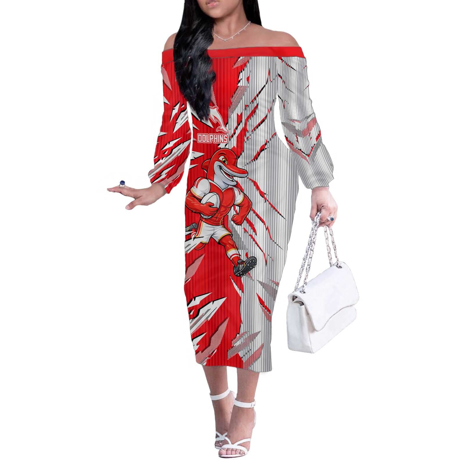 Personalized Dolphins Off The Shoulder Long Sleeve Dress Dynamic Lightning Mascot Rugby Australia