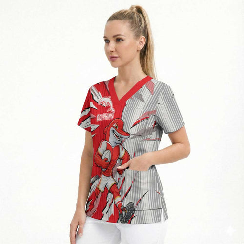 Personalized Dolphins Scrub Top Dynamic Lightning Mascot Rugby Australia