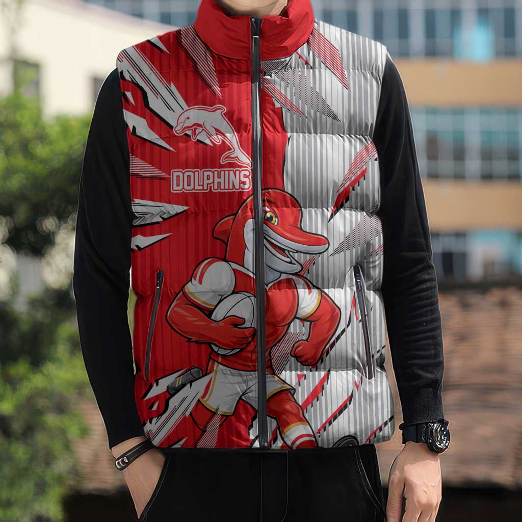 Personalized Dolphins Sleeveless Puffer Jacket Dynamic Lightning Mascot Rugby Australia