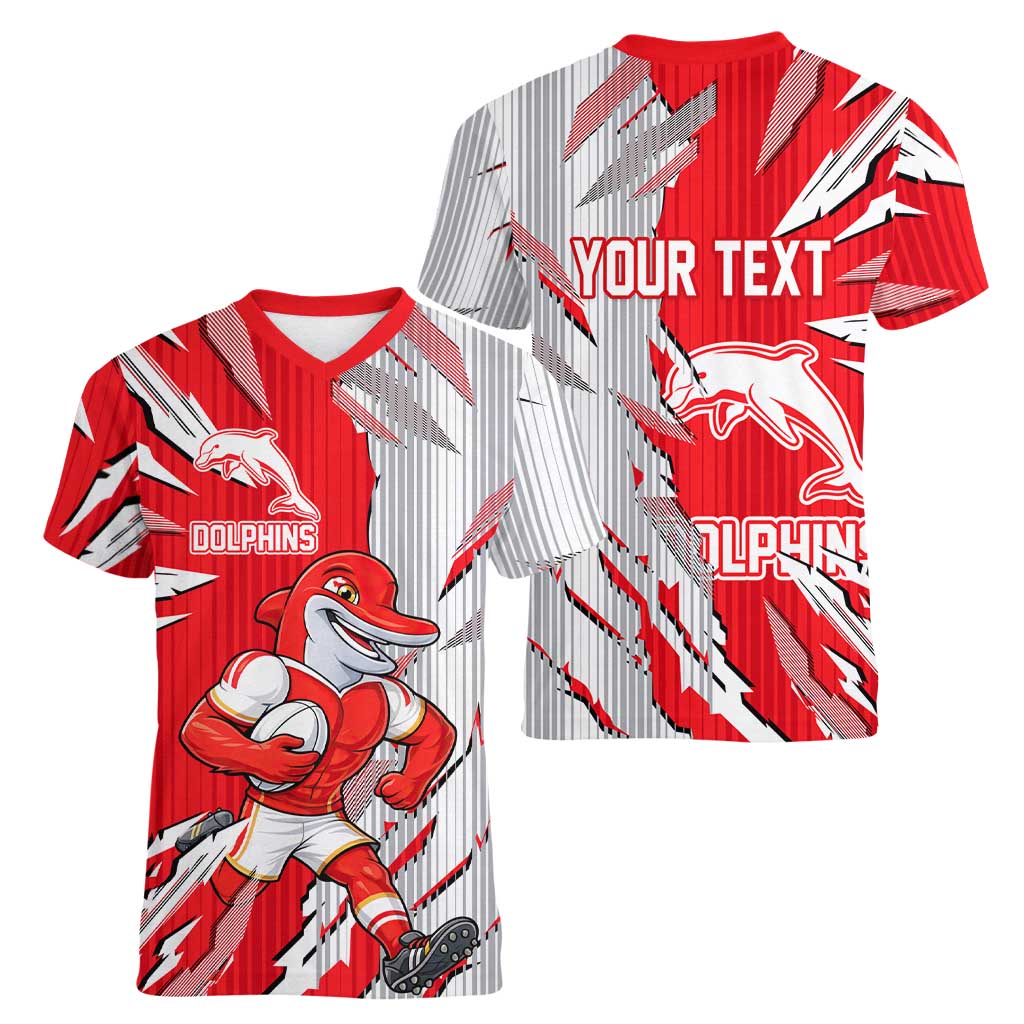 Personalized Dolphins Women V-Neck T-Shirt Dynamic Lightning Mascot Rugby Australia