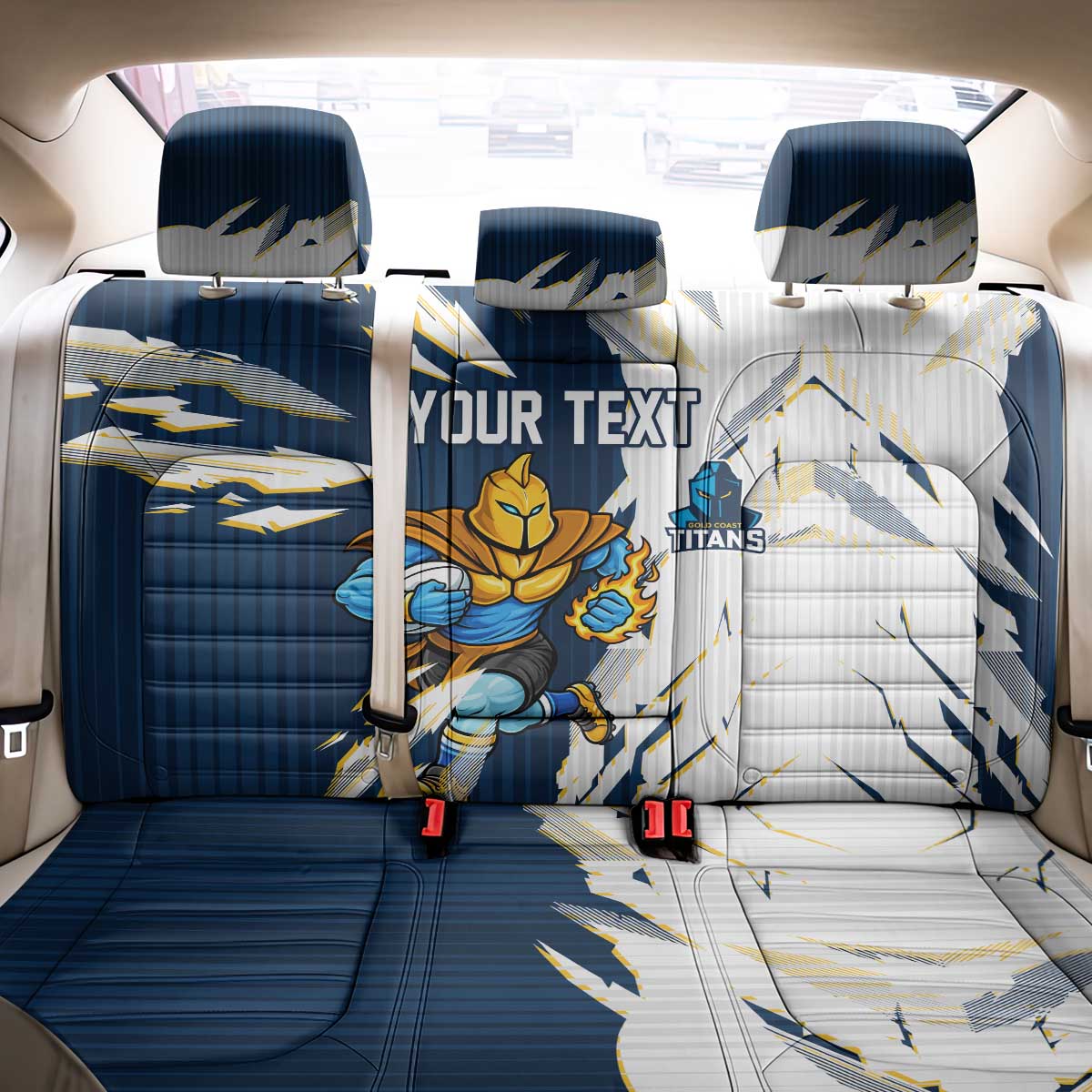 Personalized Gold Coast Titans Back Car Seat Cover Dynamic Lightning Mascot Rugby Australia