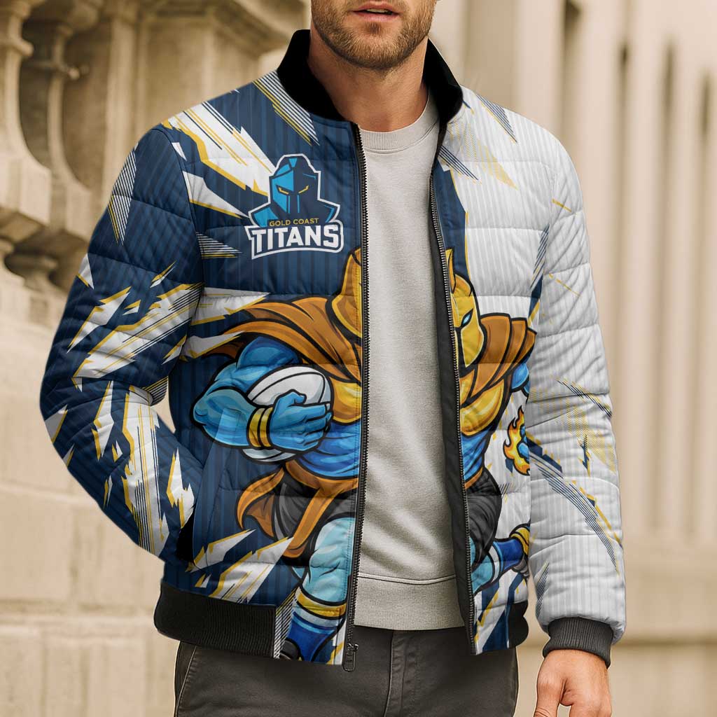 Personalized Gold Coast Titans Bomber Puffer Jacket Dynamic Lightning Mascot Rugby Australia
