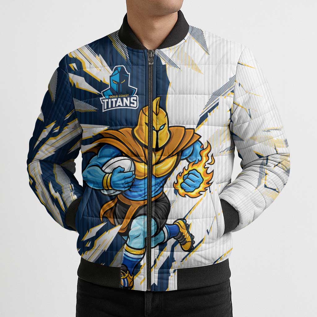 Personalized Gold Coast Titans Bomber Puffer Jacket Dynamic Lightning Mascot Rugby Australia
