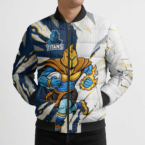 Personalized Gold Coast Titans Bomber Puffer Jacket Dynamic Lightning Mascot Rugby Australia