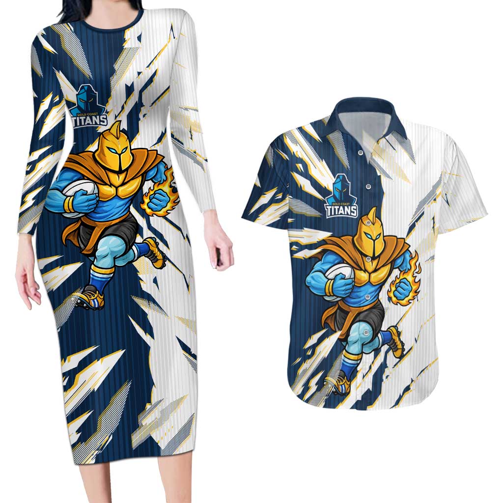 Personalized Gold Coast Titans Couples Matching Long Sleeve Bodycon Dress and Hawaiian Shirt Dynamic Lightning Mascot Rugby Australia