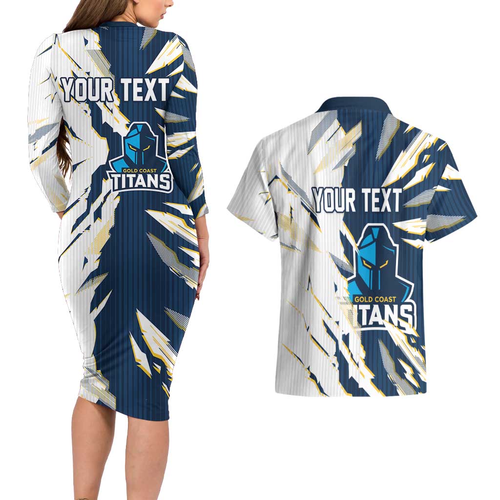 Personalized Gold Coast Titans Couples Matching Long Sleeve Bodycon Dress and Hawaiian Shirt Dynamic Lightning Mascot Rugby Australia