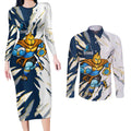 Personalized Gold Coast Titans Couples Matching Long Sleeve Bodycon Dress and Long Sleeve Button Shirt Dynamic Lightning Mascot Rugby Australia