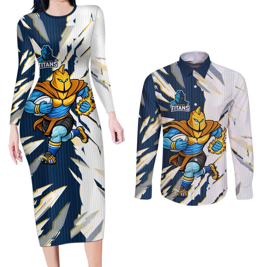 Personalized Gold Coast Titans Couples Matching Long Sleeve Bodycon Dress and Long Sleeve Button Shirt Dynamic Lightning Mascot Rugby Australia