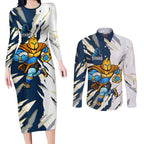 Personalized Gold Coast Titans Couples Matching Long Sleeve Bodycon Dress and Long Sleeve Button Shirt Dynamic Lightning Mascot Rugby Australia