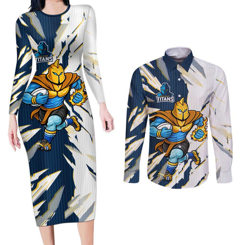 Personalized Gold Coast Titans Couples Matching Long Sleeve Bodycon Dress and Long Sleeve Button Shirt Dynamic Lightning Mascot Rugby Australia