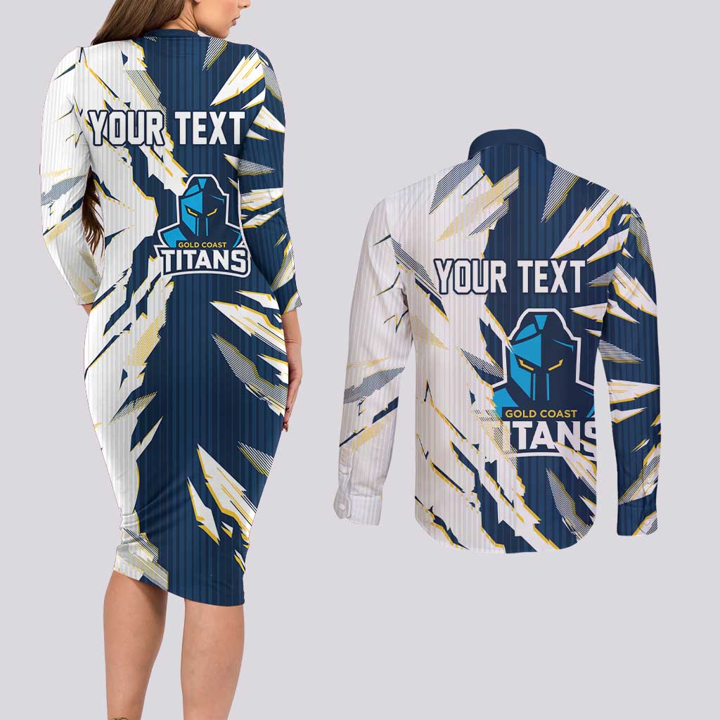 Personalized Gold Coast Titans Couples Matching Long Sleeve Bodycon Dress and Long Sleeve Button Shirt Dynamic Lightning Mascot Rugby Australia