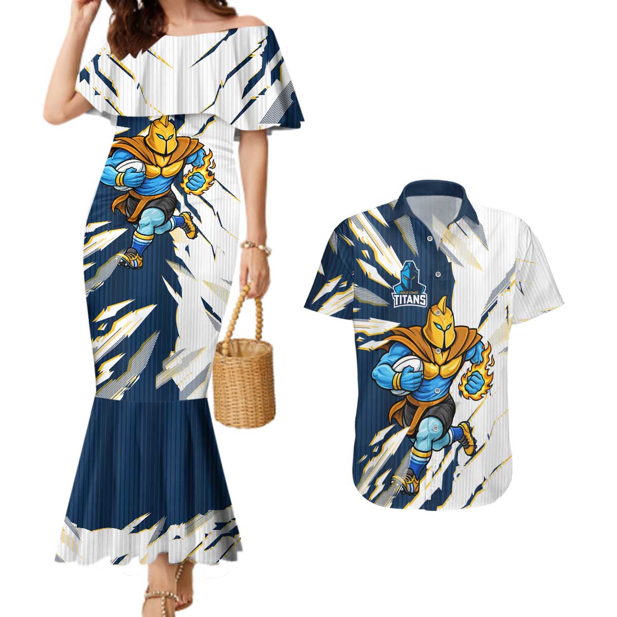 Personalized Gold Coast Titans Couples Matching Mermaid Dress and Hawaiian Shirt Dynamic Lightning Mascot Rugby Australia
