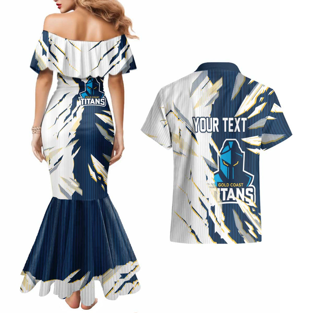 Personalized Gold Coast Titans Couples Matching Mermaid Dress and Hawaiian Shirt Dynamic Lightning Mascot Rugby Australia