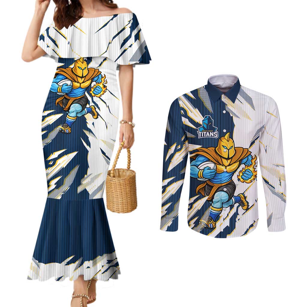 Personalized Gold Coast Titans Couples Matching Mermaid Dress and Long Sleeve Button Shirt Dynamic Lightning Mascot Rugby Australia