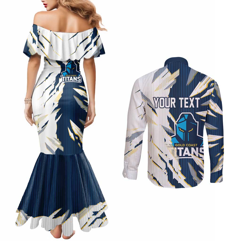 Personalized Gold Coast Titans Couples Matching Mermaid Dress and Long Sleeve Button Shirt Dynamic Lightning Mascot Rugby Australia