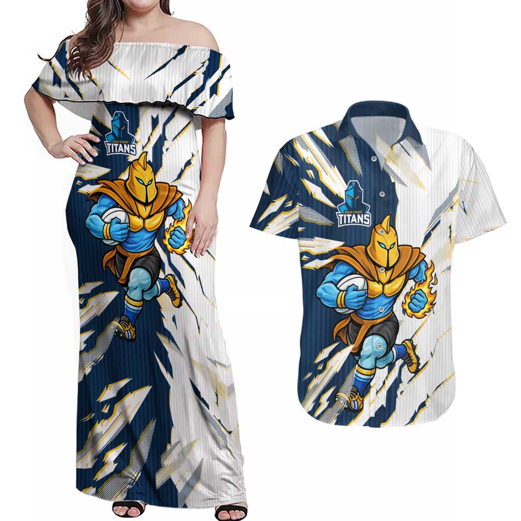 Personalized Gold Coast Titans Couples Matching Off Shoulder Maxi Dress and Hawaiian Shirt Dynamic Lightning Mascot Rugby Australia